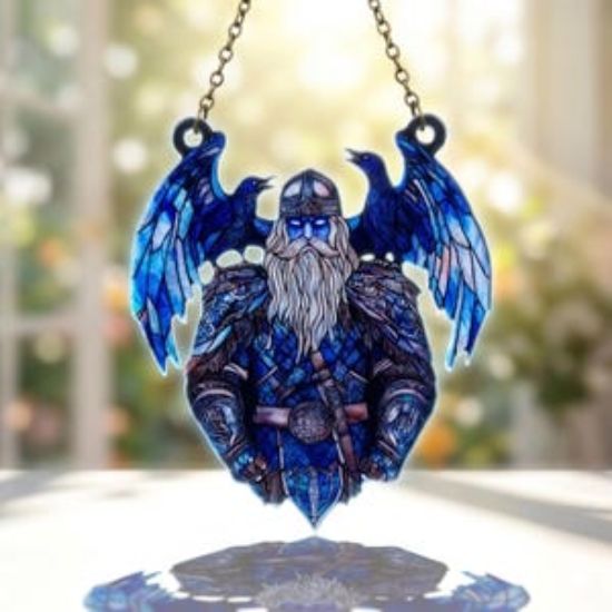Viking Suncatcher Window Hanging, Norse Warrior Raven Glass Art, Odin Inspired Stained Glass Decor, Mythology Gift, Odin Window Hanging