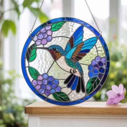 Kolibri & Lila Blume Glasmalerei Suncatcher: Garten Fenster Dekoration