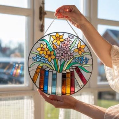 Buch und Blumen Glasmalerei Suncatcher/Buntes Blumen Bücherregal Fensterbehang/Literarische Wandkunst/Lehrertagsgeschenk/Danke, Lehrer