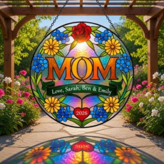 Custom Mom Stained Glass Suncatcher, Personalized MOM Window Decor, Floral Glass Hanging Gift, Mother’s Day Present, Family Name Sign