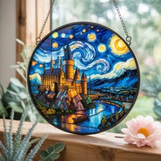 Zaubererschule Stained Glass Suncatcher | Zauberhaftes Schloss Fensterbild für Fantasy Fans | Verzauberte Burg Kunst, Geschenk für Bücherliebende