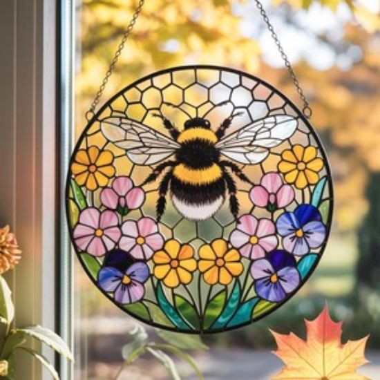 Biene Wildblumen Glas Suncatcher, Biene Buntglas Ornament, Honigbiene Geschenk für Gartenliebhaber, Dekoration für Biene, personalisierte Lehrer Geschenk