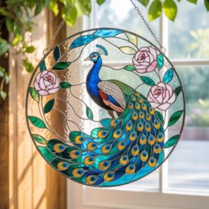 Pfau Glasmalerei Suncatcher, bunter Pfau & Rosenfenster, Vogel Wandkunst, Geschenk für Mama oder Oma, Geschenke für Vogelliebhaber