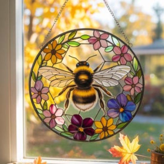 Biene Wildblumen Glas Suncatcher, Biene Buntglas Ornament, Honigbiene Geschenk für Gartenliebhaber, Dekoration für Biene, personalisierte Lehrer Geschenk