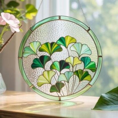 Runder Ginkgoblatt-Buntglas-Sonnenfänger / Ginkgo-Fensterbehang / Geschenk für Pflanzenliebhaber oder Mutter / Herbstgarten Boho Natur inspiriert Wohndekor