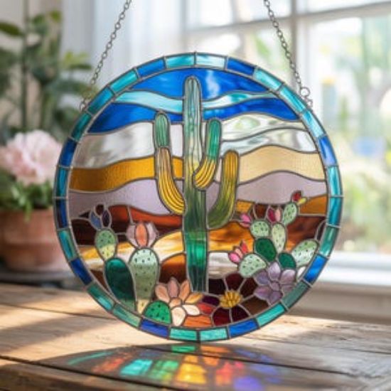 Kaktus Buntglas Suncatcher / Fenster hängendes Dekor / Indoor Outdoor Art Decor, ideales Geschenk für Valentinstag, Hochzeiten Urlaub / Housewarming Geschenk