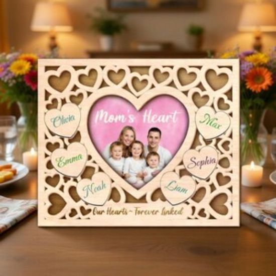 Personalized Mom Heart Photo Frame, Custom Family Name Plaque, Mothers Day Gift for Mom, Kids Names Sign, Family Heart Keepsake Gift