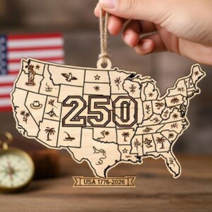 USA Map Ornament 2D 250th Anniversary 1776-2026, Wooden United States Ornament, Patriotic Map Decor, Independence Day Gift