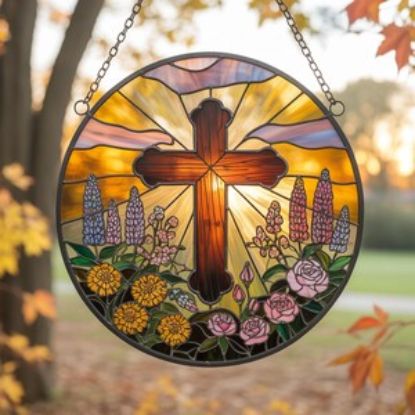 Christlicher Kreuz Suncatcher, Glasmalerei-Wildblumenfenster, religiöses Osterdekor, Glaube Geschenk