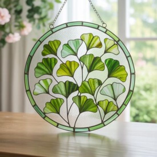 Runder Ginkgoblatt-Buntglas-Sonnenfänger / Ginkgo-Fensterbehang / Geschenk für Pflanzenliebhaber oder Mutter / Herbstgarten Boho Natur inspiriert Wohndekor