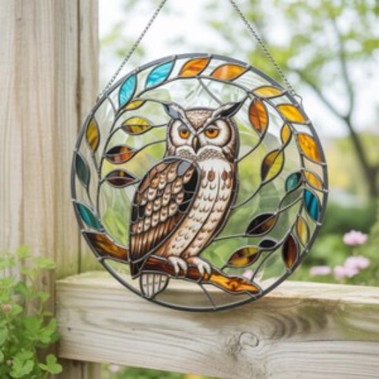 Glasmalerei-Eulen-Sonnenfänger/Eulen-Fensterbehang/Glasmalerei-Eulendekor/Eule Glasmalerei-Kunst/Eulen-Liebhaber-Geschenk/Vogel-Fensterbehang