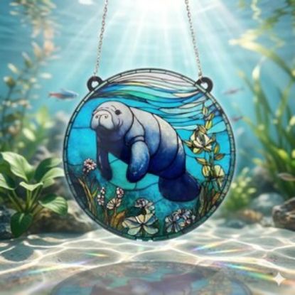 Manatee Suncatcher Window Hanging, Ocean Sea Cow Stained Glass Art, Coastal Beach Decor, Marine Life Gift, Nautical Window Decor, Ocean Art