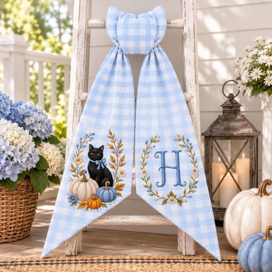 Halloween Ghost Black Cat Wreath Sash Bow, Custom Monogram Pumpkin Door Hanger, Trick or Treat Welcome Front Door Decor, Spooky Fall Gift