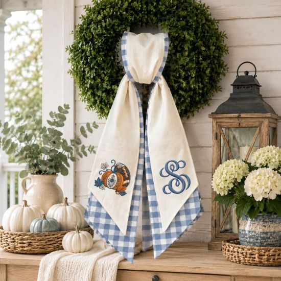 Personalized Fall Wreath Sash Bow, Blue Stripe Pumpkin Football Embroidered Monogram, Thanksgiving Front Door Decor, Autumn Home Gift