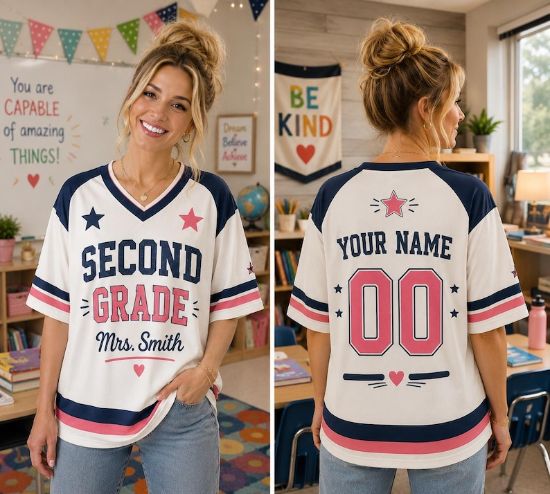 Personalized Name Number Jersey Shirt, Custom Teacher Grade Level Jersey Shirt, Kindergarten First Grade Teacher Gift, Classroom Spirit