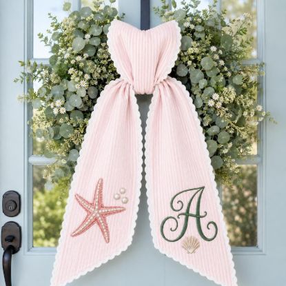 Personalized Coastal Wreath Sash, Starfish and Pearl Monogram Bow, Embroidered Front Door Decor, Custom Initial Summer Beach Wreath Gift