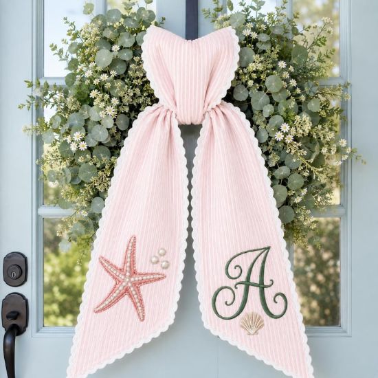 Personalized Coastal Wreath Sash, Starfish and Pearl Monogram Bow, Embroidered Front Door Decor, Custom Initial Summer Beach Wreath Gift