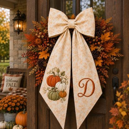 Embroidered Fall Monogram Wreath Sash, Personalized Floral Pumpkin Door Bow, Custom Autumn Ribbon, Thanksgiving Housewarming Gift