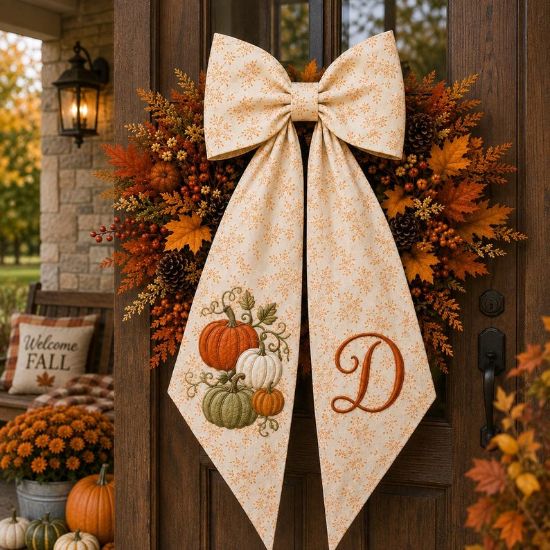 Embroidered Fall Monogram Wreath Sash, Personalized Floral Pumpkin Door Bow, Custom Autumn Ribbon, Thanksgiving Housewarming Gift