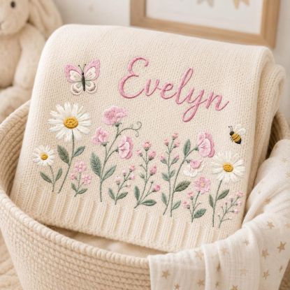 Personalized Floral Baby Blanket | Custom Name Embroidered Knit Blanket for Baby Girl |Wildflower Nursery Keepsake| Newborn Baby Shower Gift
