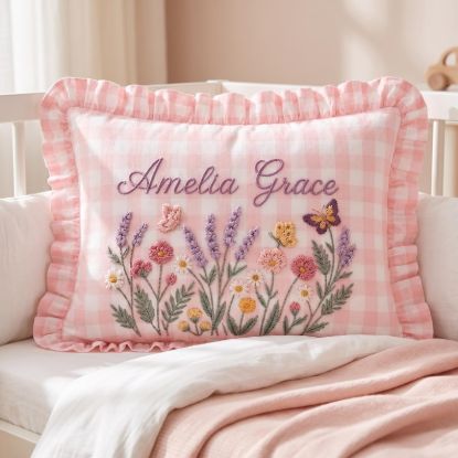Personalized Baby Name Wildflower Ruffle Pillow Case | Custom Embroidered Floral Nursery Cushion | Baby Girl Room Decor | Baby Shower Gift