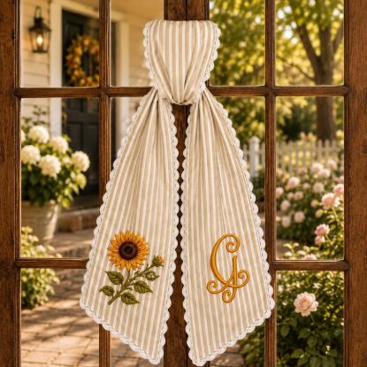 Personalized Sunflower Wreath Sash, Embroidered Monogram Ribbon Summer Front Door Decor Fall
