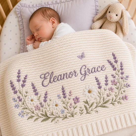 Personalized Lavender Baby Blanket with Name | Embroidered Daisy Meadow and Butterfly | Purple Nursery Decor | Newborn Baby Shower Gift