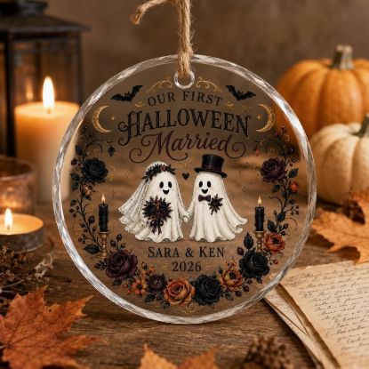 Our First Halloween Married Glass Ornament, Personalized Ghost Couple Crystal Ornament, Custom Halloween Wedding Keepsake Gift for Couple