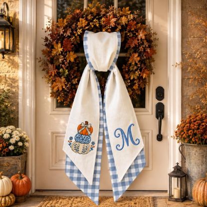 Personalized Fall Wreath Sash, Embroidered Pumpkin Monogram Bow, Blue Gingham Front Door Decor, Thanksgiving Autumn Wreath Accent Gift