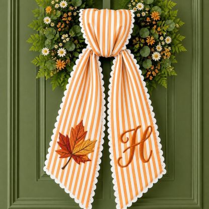 Custom Embroidered Monogram Fall Sash, Stripe Front Door Ric Rac Bow Door Sash, Fall Tree Wreath Sash,Autumn Harvest Front Decor