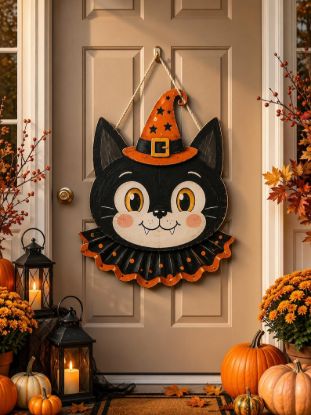 Vintage Halloween Outdoor Door Hanger, Gothic Black Cat Front Door Sign, Porch Halloween Decoration, Fall Housewarming Gift