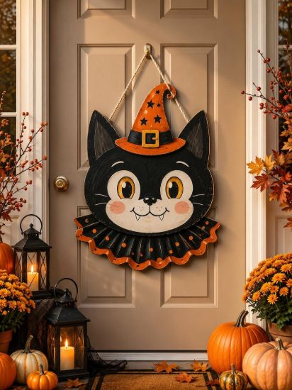 Vintage Halloween Outdoor Door Hanger, Gothic Black Cat Front Door Sign, Porch Halloween Decoration, Fall Housewarming Gift