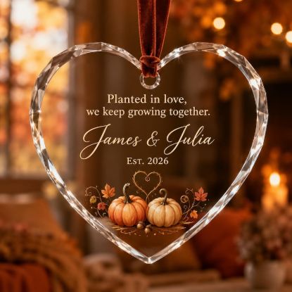 Personalized Heart Crystal Ornament, Custom Couple Keepsake Gift, Fall Pumpkin Wedding Ornament, Autumn Anniversary Gift for Newlyweds