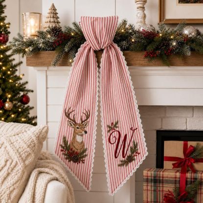 Personalized Christmas Deer Embroidered Wreath Sash Door Bow, Custom Monogram Holiday Decor, Red Striped Winter Porch Keepsake Gift