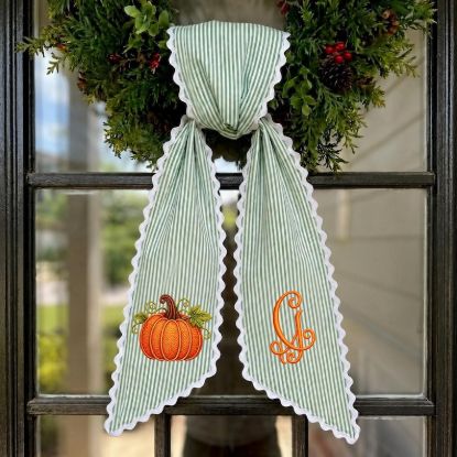 Personalized Fall Wreath Sash, Embroidered Pumpkin Monogram Bow, Sage Green Stripe Front Door Decor, Thanksgiving Autumn Wreath Accent