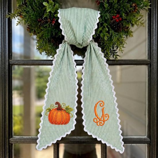 Personalized Fall Wreath Sash, Embroidered Pumpkin Monogram Bow, Sage Green Stripe Front Door Decor, Thanksgiving Autumn Wreath Accent