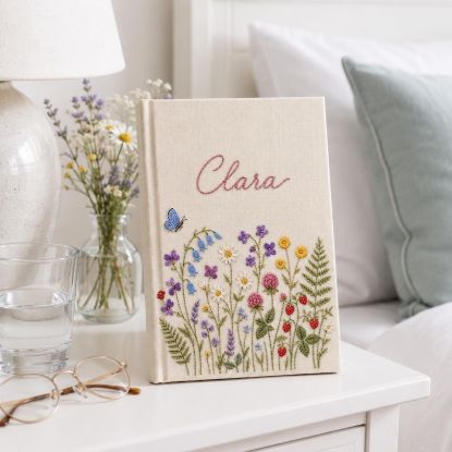Personalized Hand Embroidered Linen Journal | Wildflower Floral Notebook with Custom Name