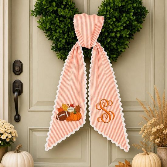 Personalized Fall Football Wreath Sash Bow, Custom Monogram Pumpkin Door Decor, Thanksgiving Wreath Sash, Autumn Football Gift
