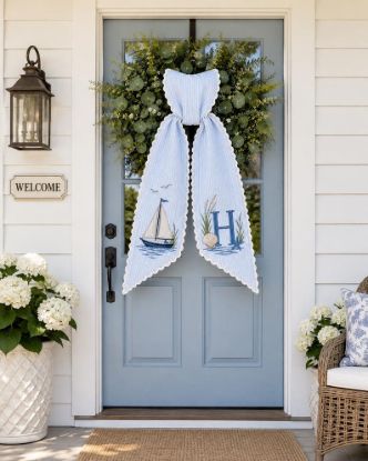Personalized Coastal Wreath Sash, Blue Seersucker Sailboat Monogram Door Bow, Nautical Summer Wreath Decor, Beach House Front Door Gift