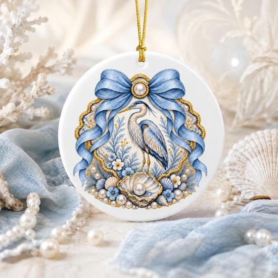 Blue Heron Ceramic Ornament, Coastal Christmas Decor, Seashell Oyster Bird Gift, Beach House Keepsake, Nautical Christmas Ornament