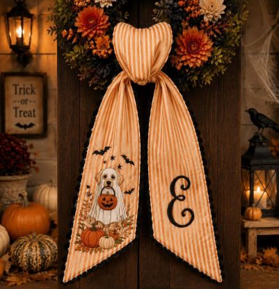 Personalized Dog Wreath Sash, Custom Embroidered Pet Name Door Bow, Dog Paw Print Ribbon, Front Door Decor, Dog Lover Gift
