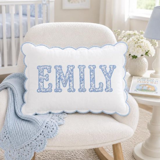 Personalized Embroidered Name Pillow | Blue Floral Garden Appliqué Scalloped Cushion | Baby Shower Gift | Grandmillennial Nursery Decor