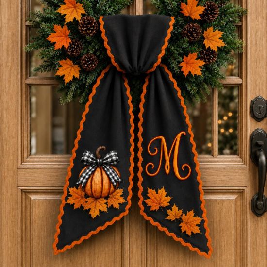 Embroided Personalized Pumpkin & Gingham Bow Fall Sash, Monogram Autumn Wreath Bow, Cozy Pumpkin Front Door Decor, Thanksgiving Door Sash