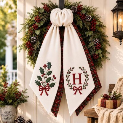 Personalized Christmas Tree Wreath Sash, Custom Monogram Door Bow, Embroidered Holiday Front Door Decor, Farmhouse Porch Accent