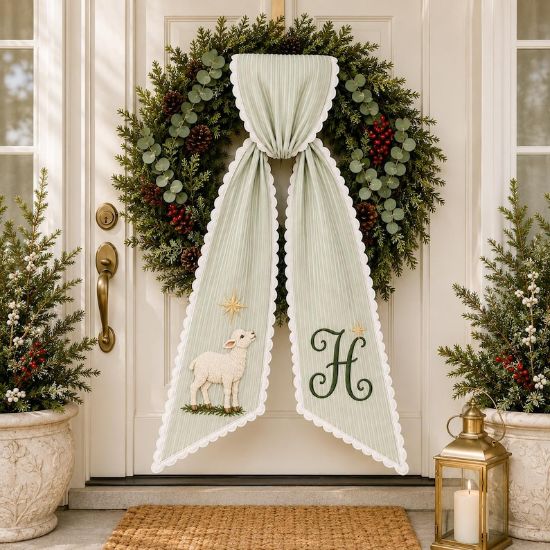 Personalized Christmas Wreath Sash, Lamb and Star Monogram Bow, Embroidered Front Door Decor, Custom Initial Faith Holiday Wreath Gift