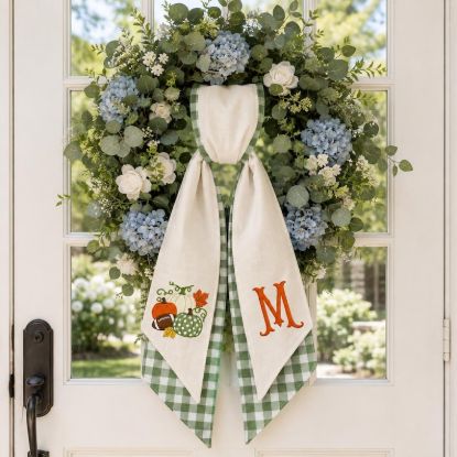 Personalized Fall Wreath Sash, Embroidered Pumpkin Football Door Bow, Custom Monogram Front Door Decor, Autumn Thanksgiving Accent