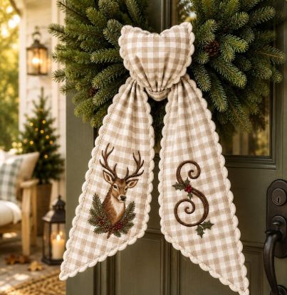 Personalized Deer Chridstmas Embroidered Wreath Sash, Deer Monogram Door Bow, Beige Gingham Rustic Front Door Decor