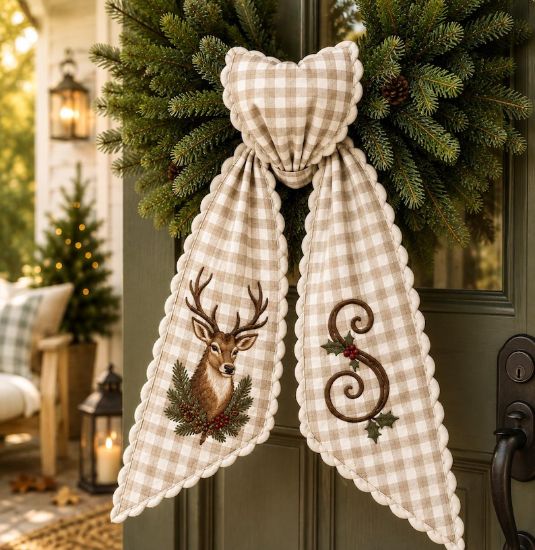 Personalized Deer Chridstmas Embroidered Wreath Sash, Deer Monogram Door Bow, Beige Gingham Rustic Front Door Decor
