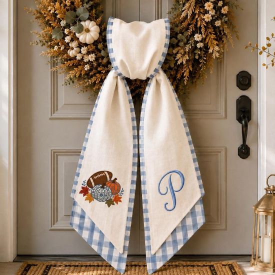 Personalized Fall Wreath Sash, Embroidered Football Pumpkin Bow, Custom Monogram Wreath Decor, Blue Gingham Thanksgiving Door Decor