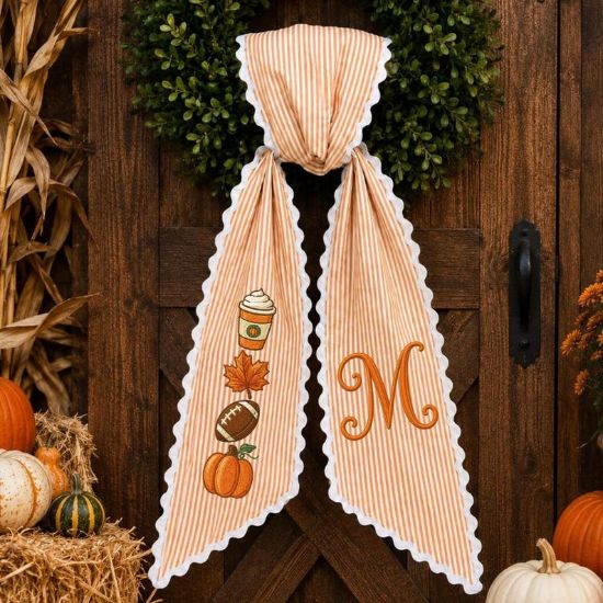 Personalized Fall Wreath Sash, Embroidered Monogram Autumn Door Decor, Pumpkin Football Coffee Wreath Bow, Thanksgiving Front Door Gift